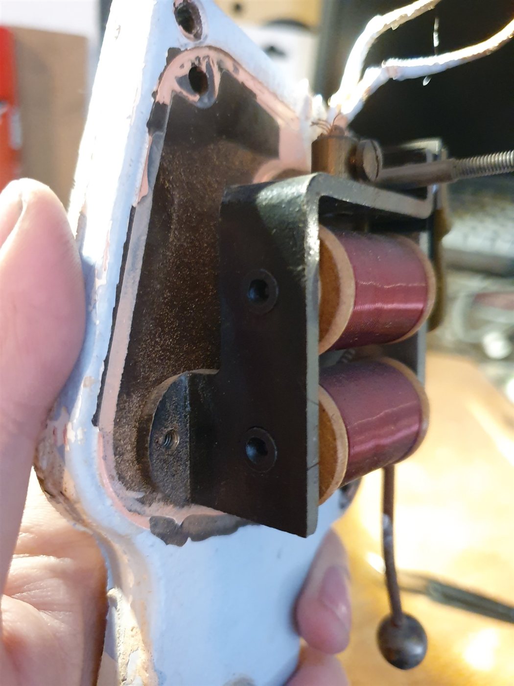 Inside the bell, showing its coils and frame