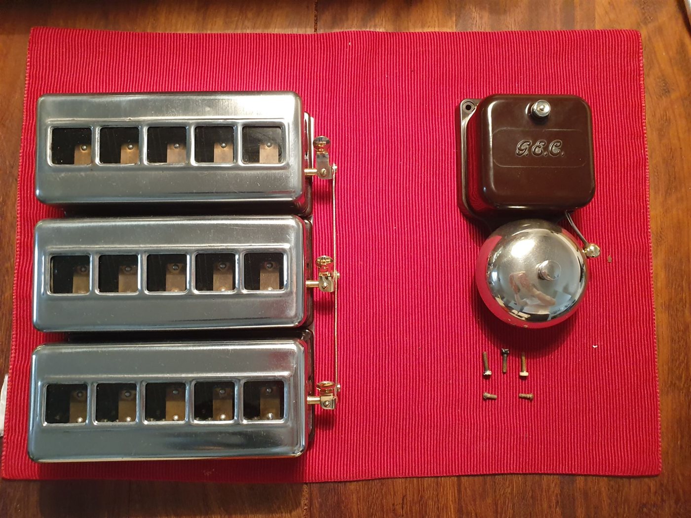 The restored servants' bell system: three indicator boxes and a G.E.C. bell