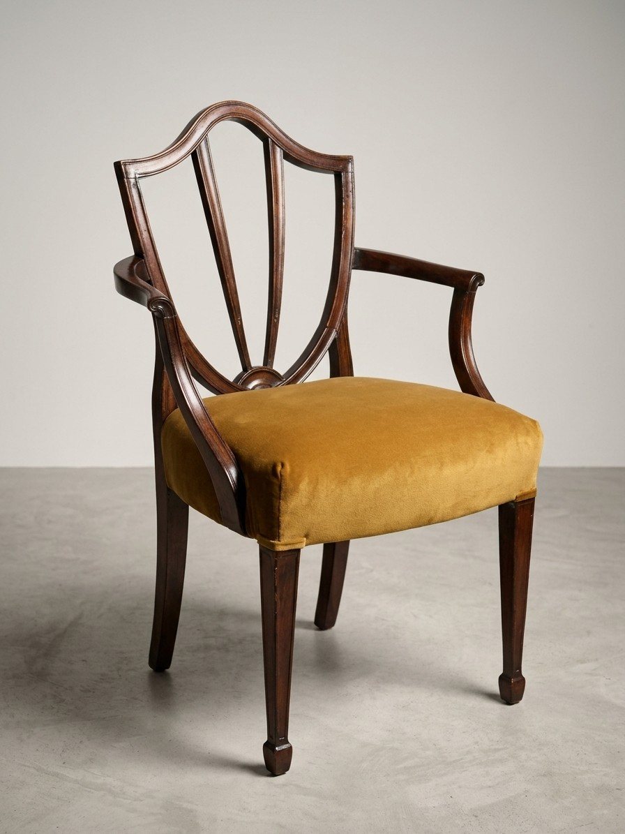 The repaired shield-back carver in mahogany with a gold velvet seat